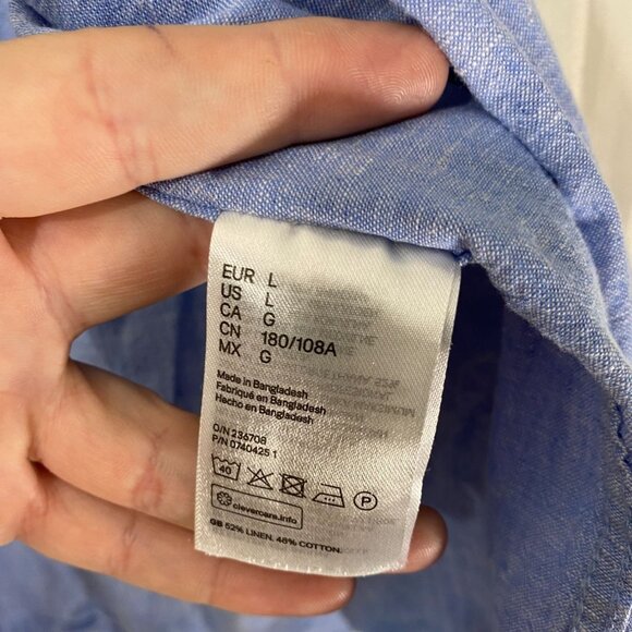 H&M Mens Shirt Large Linen-blend Band Collar Blue Long Sleeve Button Up Casual - Picture 6 of 8